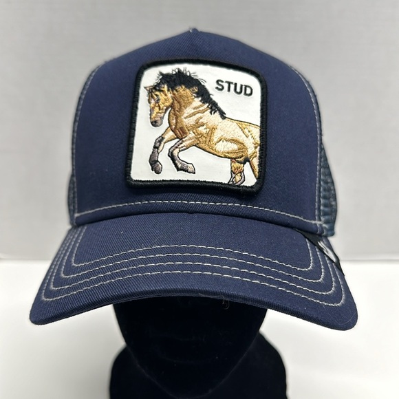 The Farm by Goorin Bros Trucker Hat Cap Stud Horse Cartoon Square Navy Blue New - Picture 1 of 8